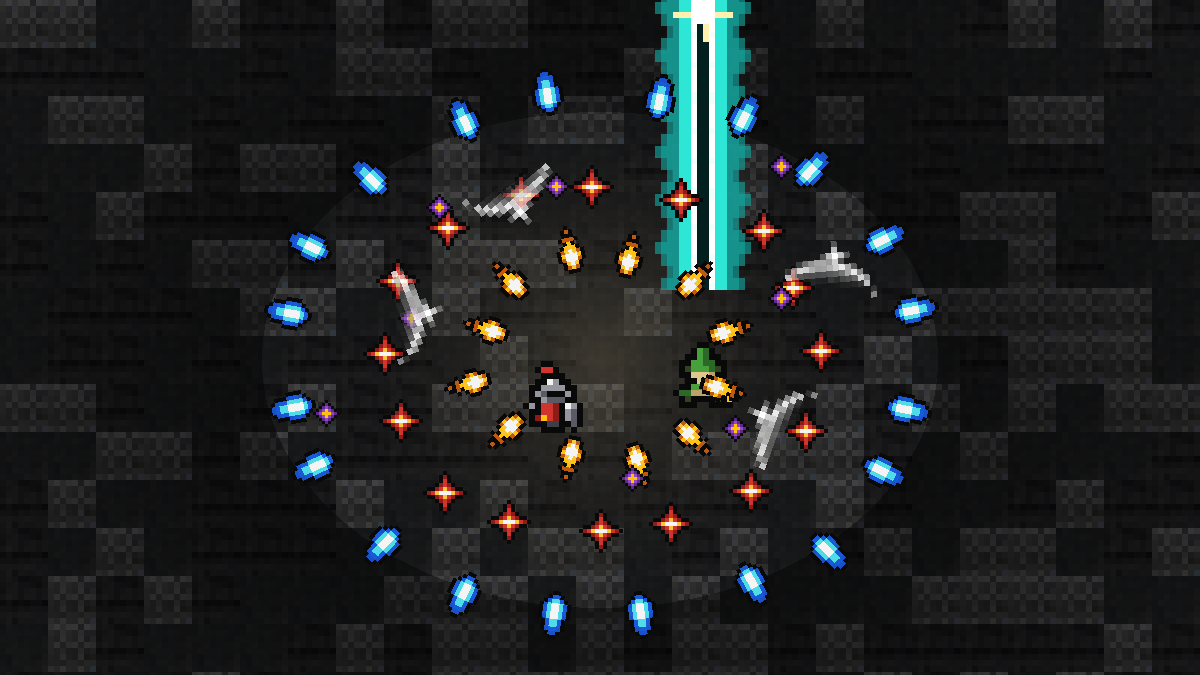 A screen dense with dodgeable bullet patterns closing on two heroes