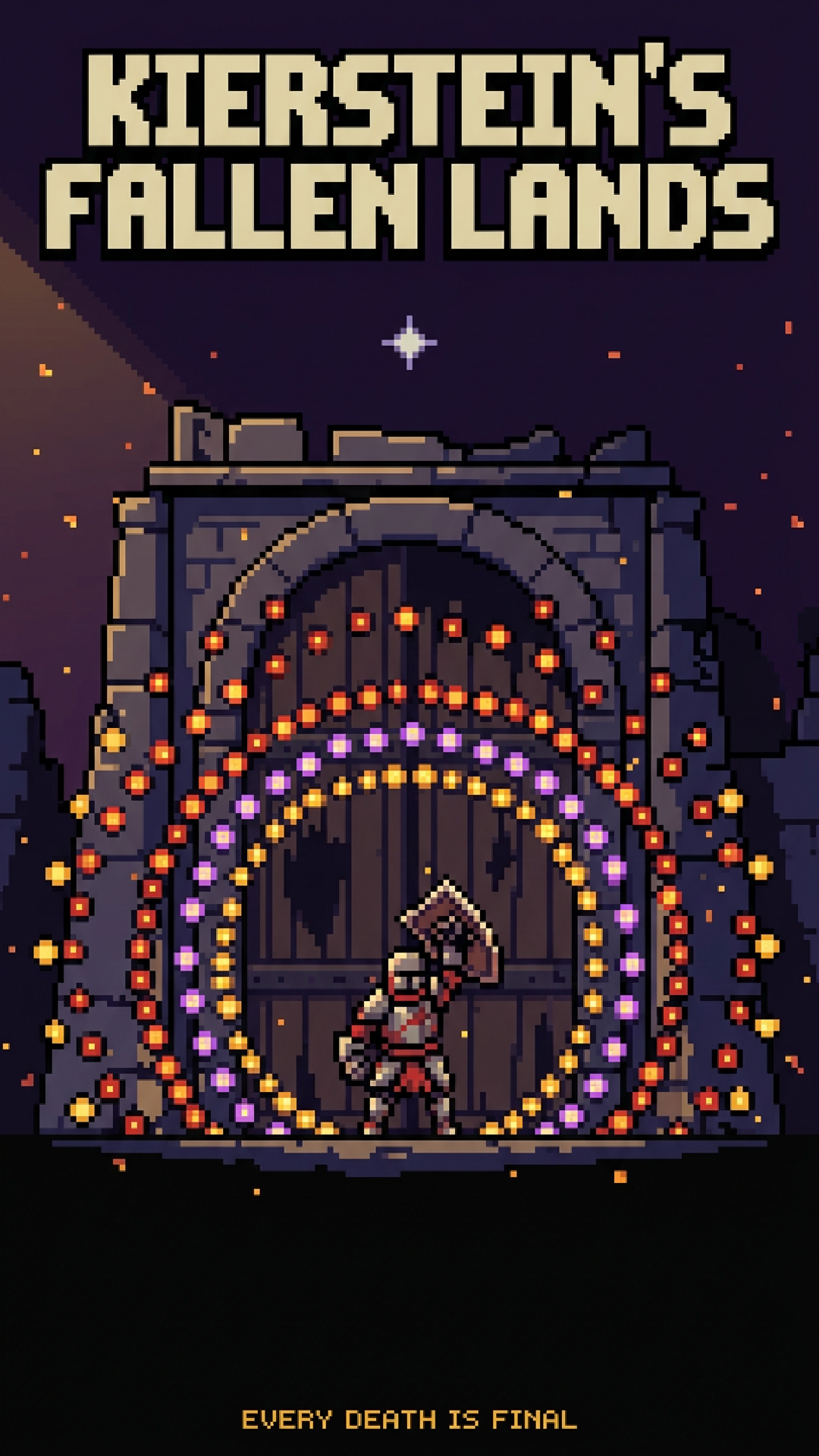 Key art: a lone knight raises a shield against a storm of bullets at the citadel door