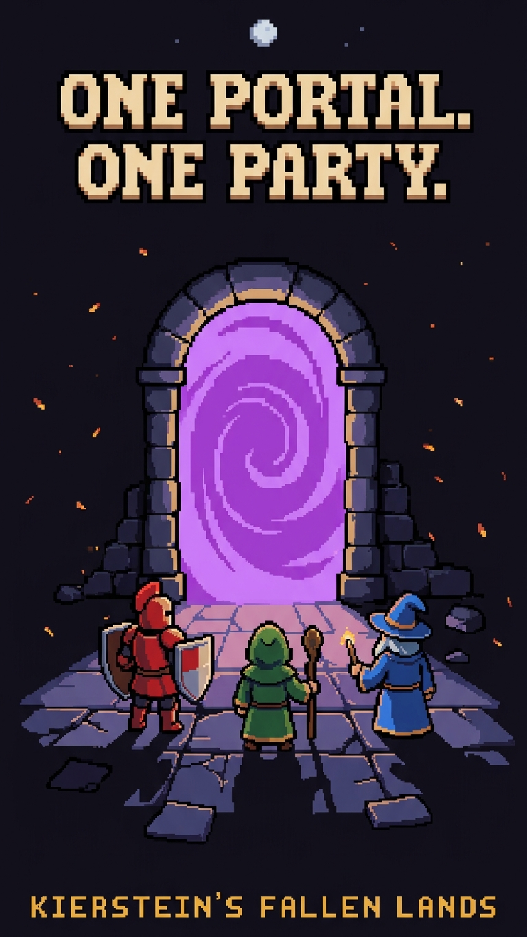Key art: three heroes step toward a violet portal