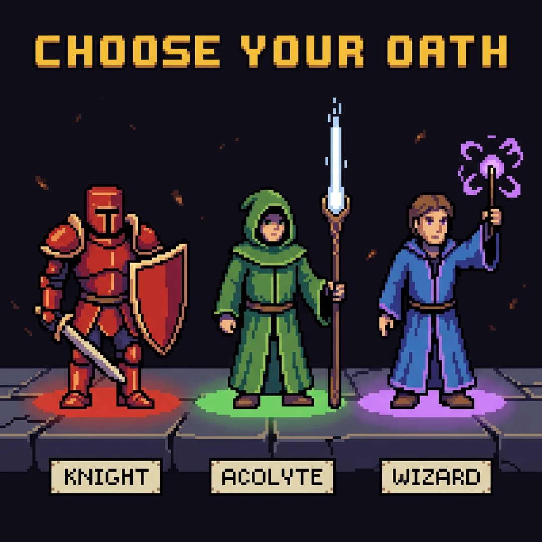 Key art: the three classes — Knight, Acolyte, Wizard