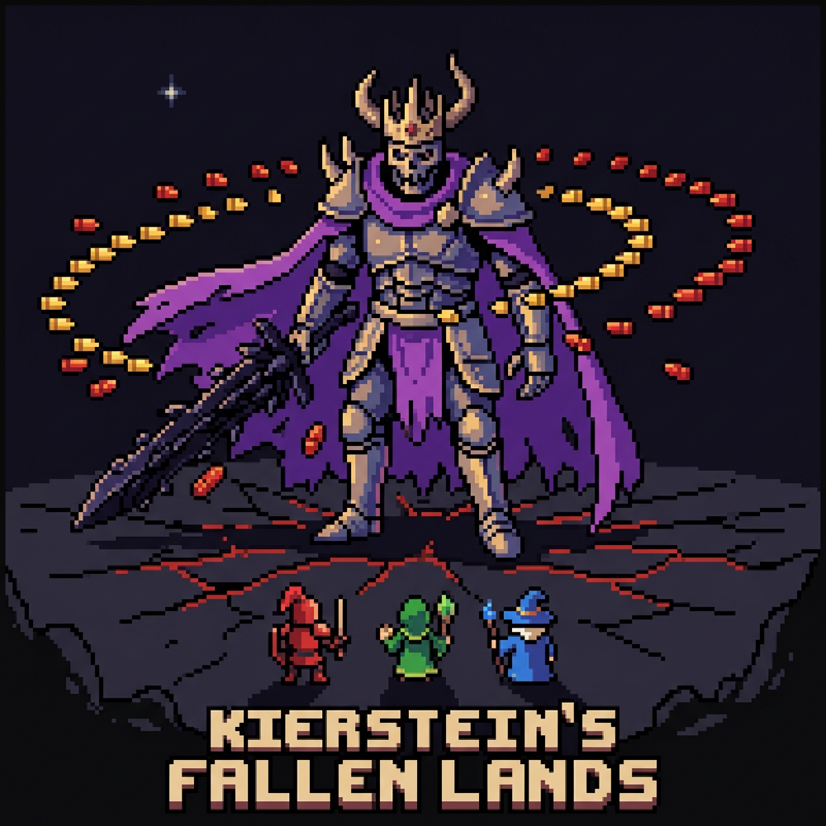 Key art: a towering revenant king looms over three tiny heroes