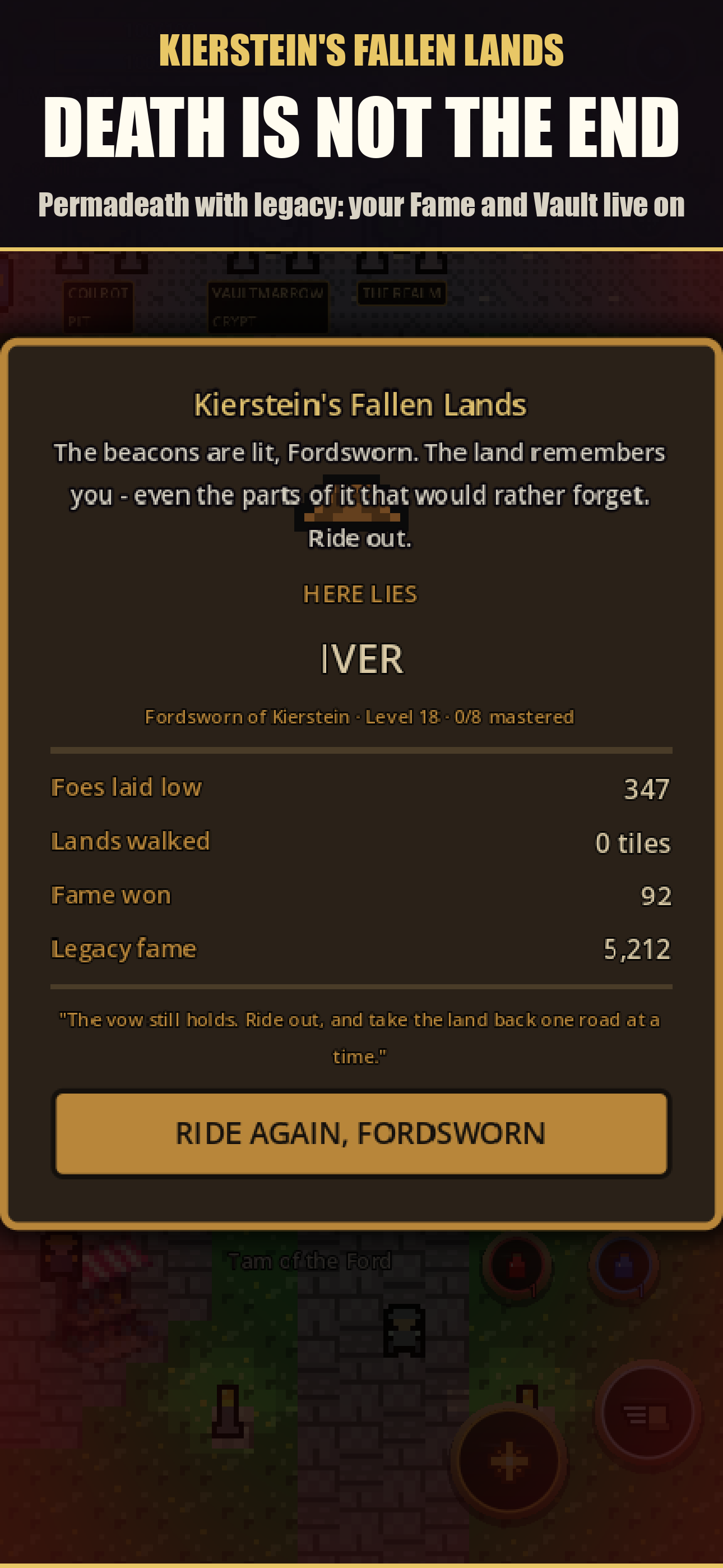 Screenshot: the permadeath screen